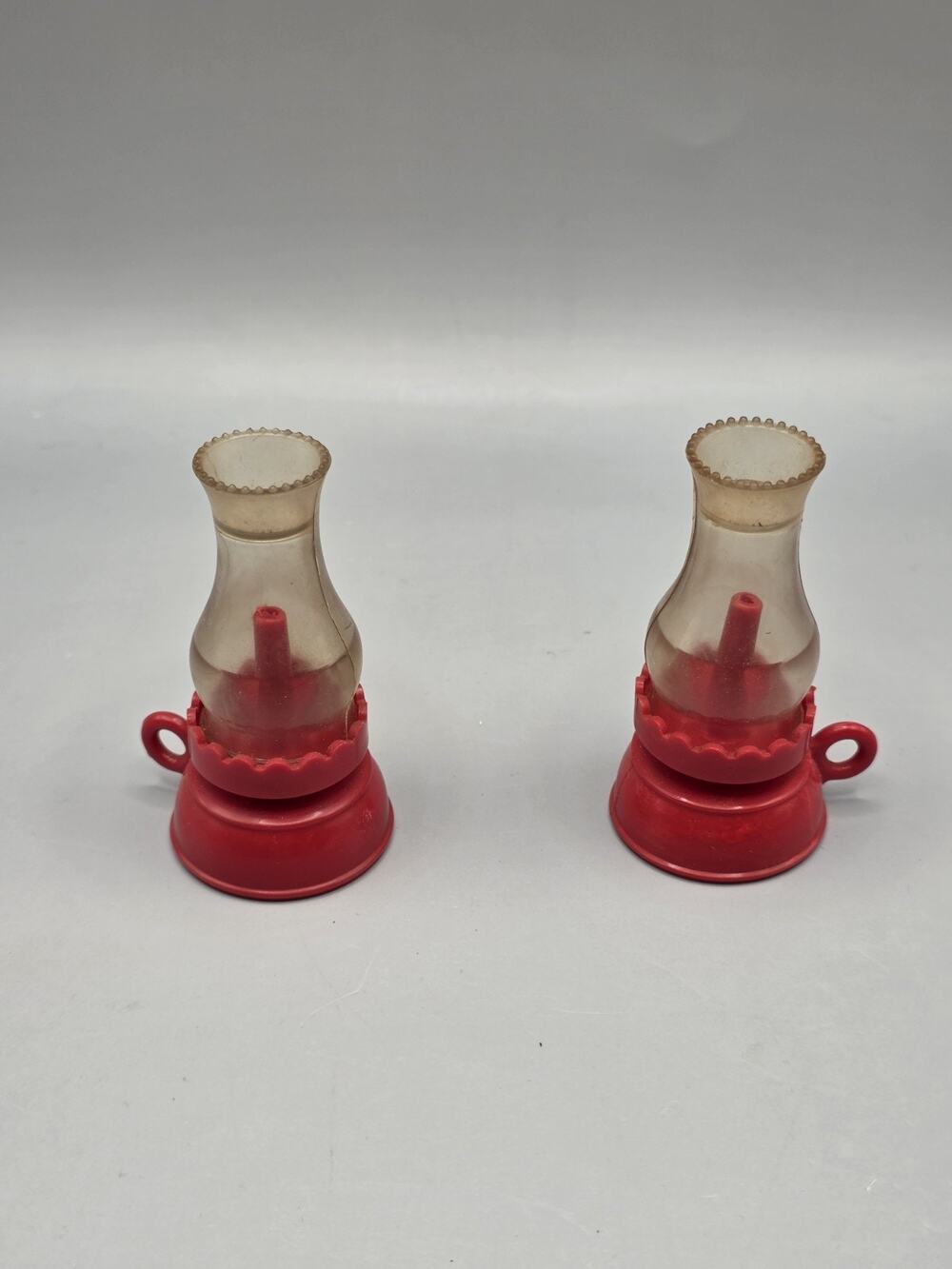 Vintage Plastic Hurricane Lantern Candle Holders Red Miniature Kitsch Set of 2